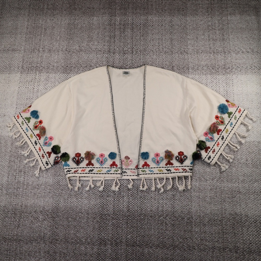 Love Stitch Embroidered Pom Pom Fringe Cropped Kimono Jacket Ivory Boho Cotton